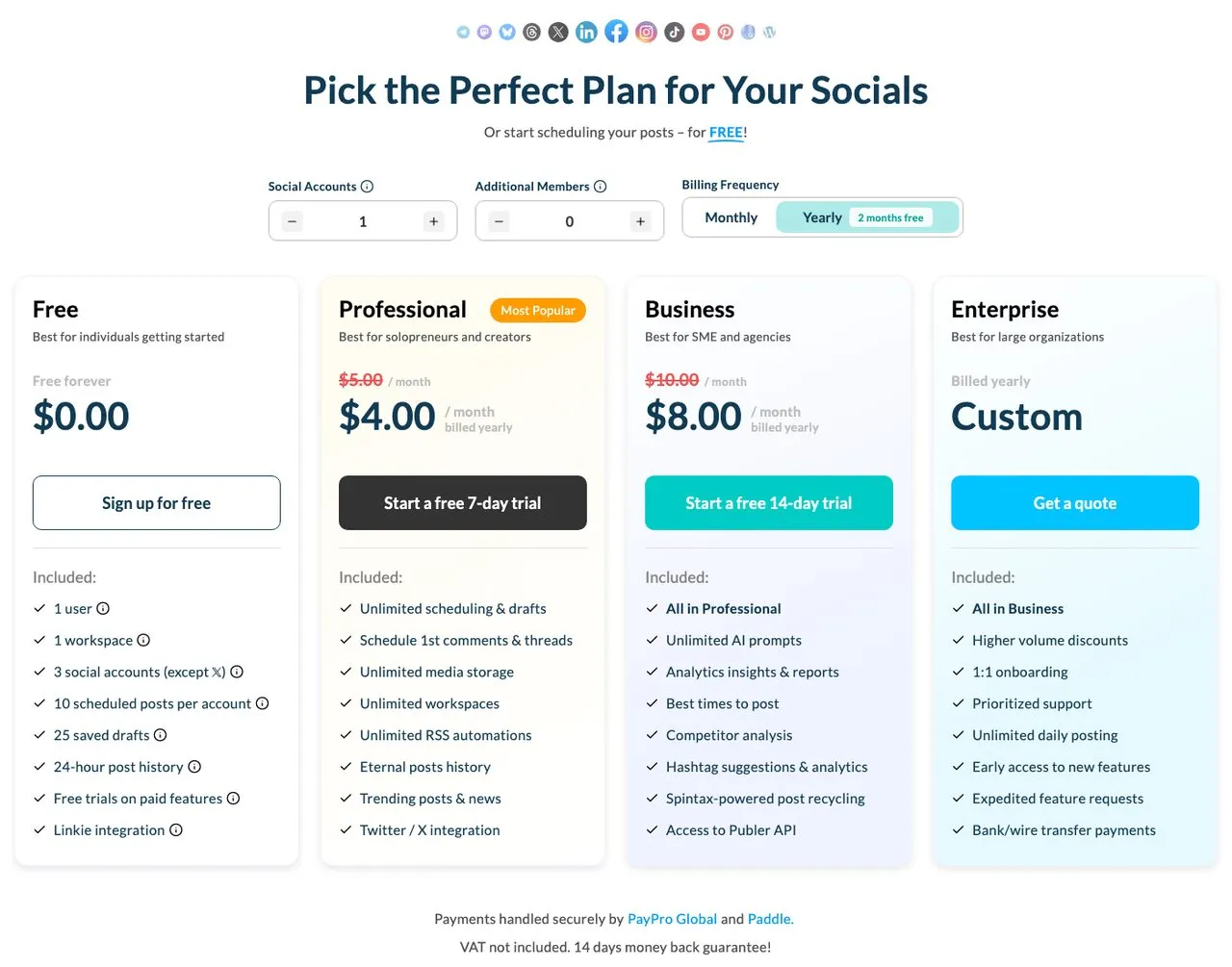 Tailwind app alternative Publer pricing page showing per-account plans starting at $5 a month