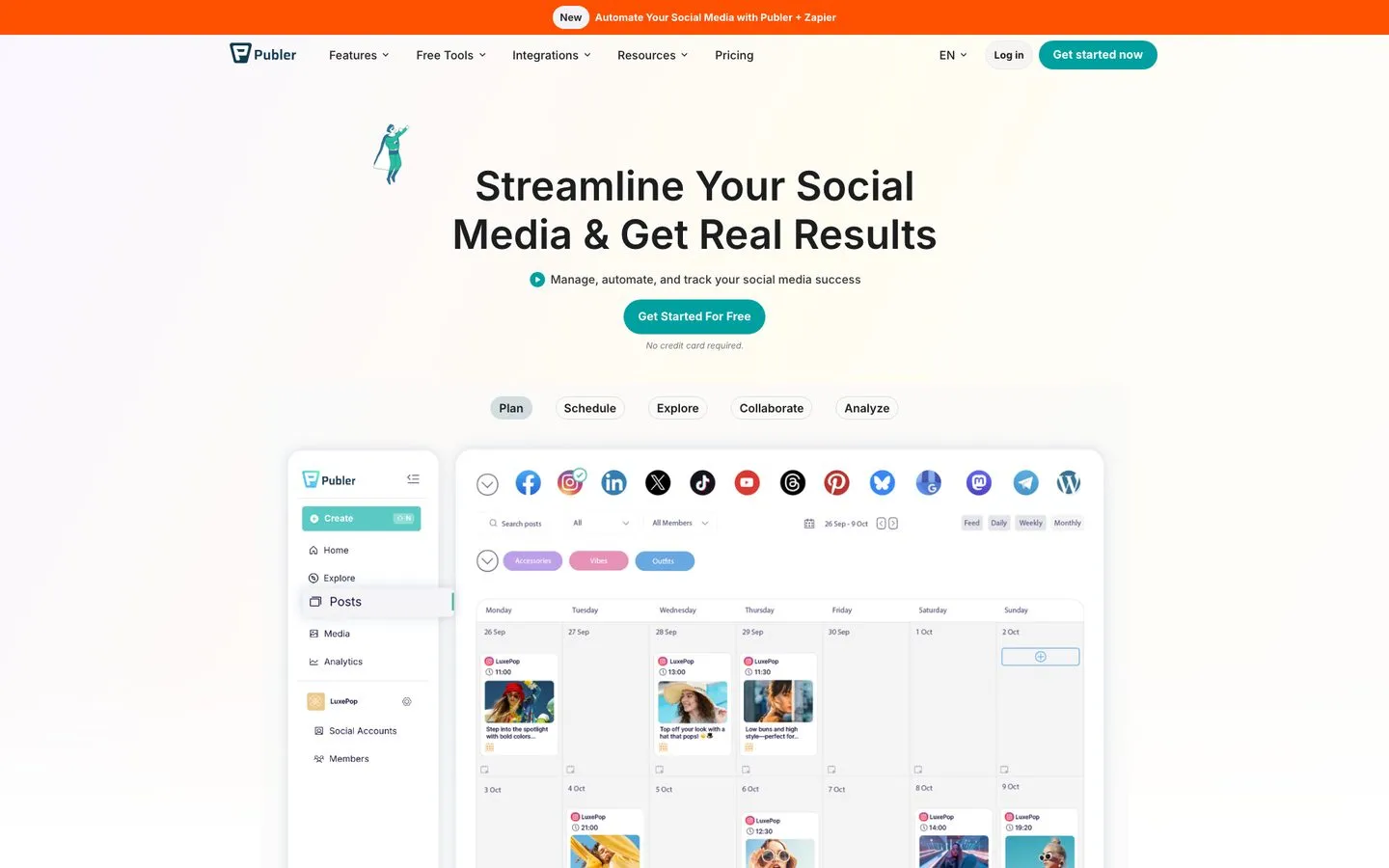 Tools to post to multiple social networks - the Publer composer previewing a post across many platforms