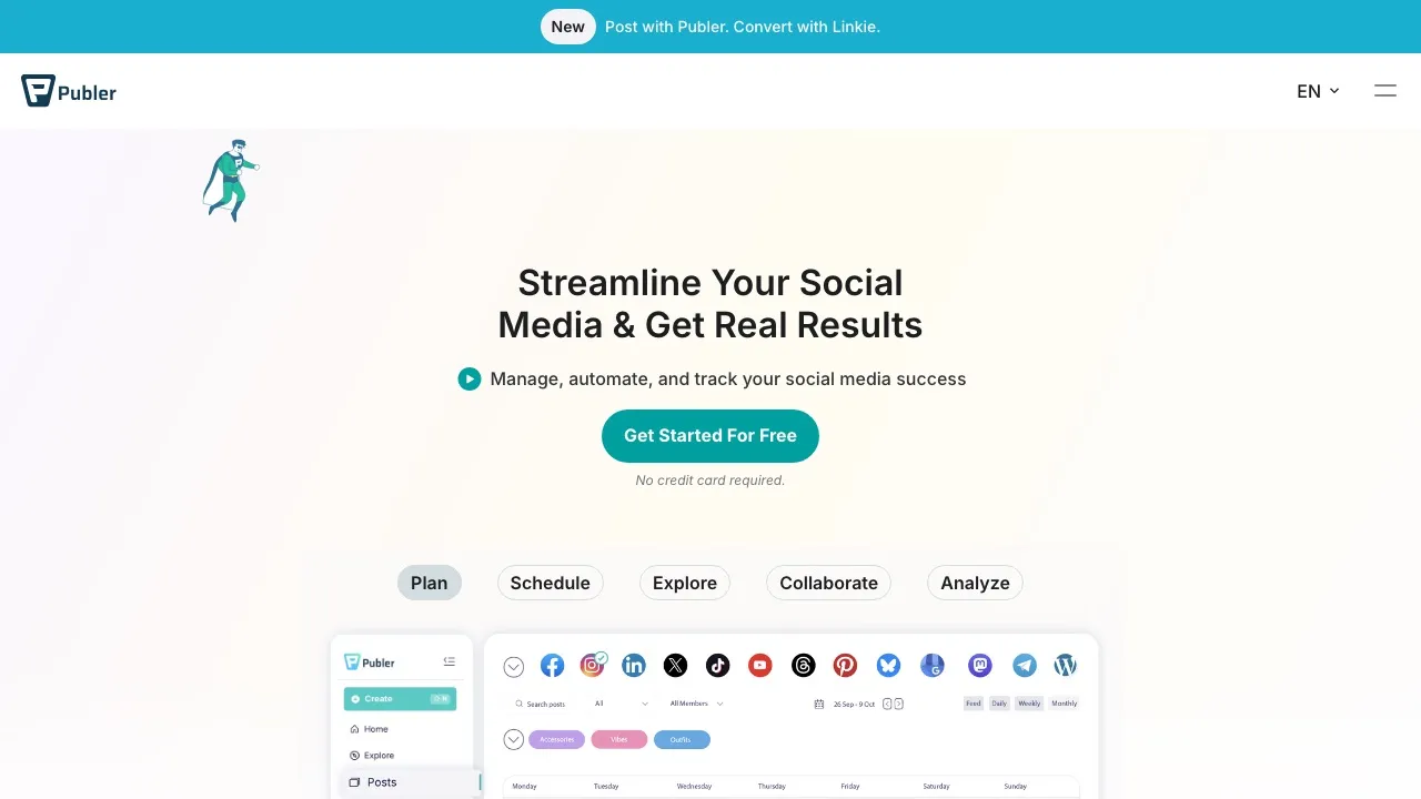 Publer, an all-in-one social media scheduler with AI features, listed as an n8n alternative.