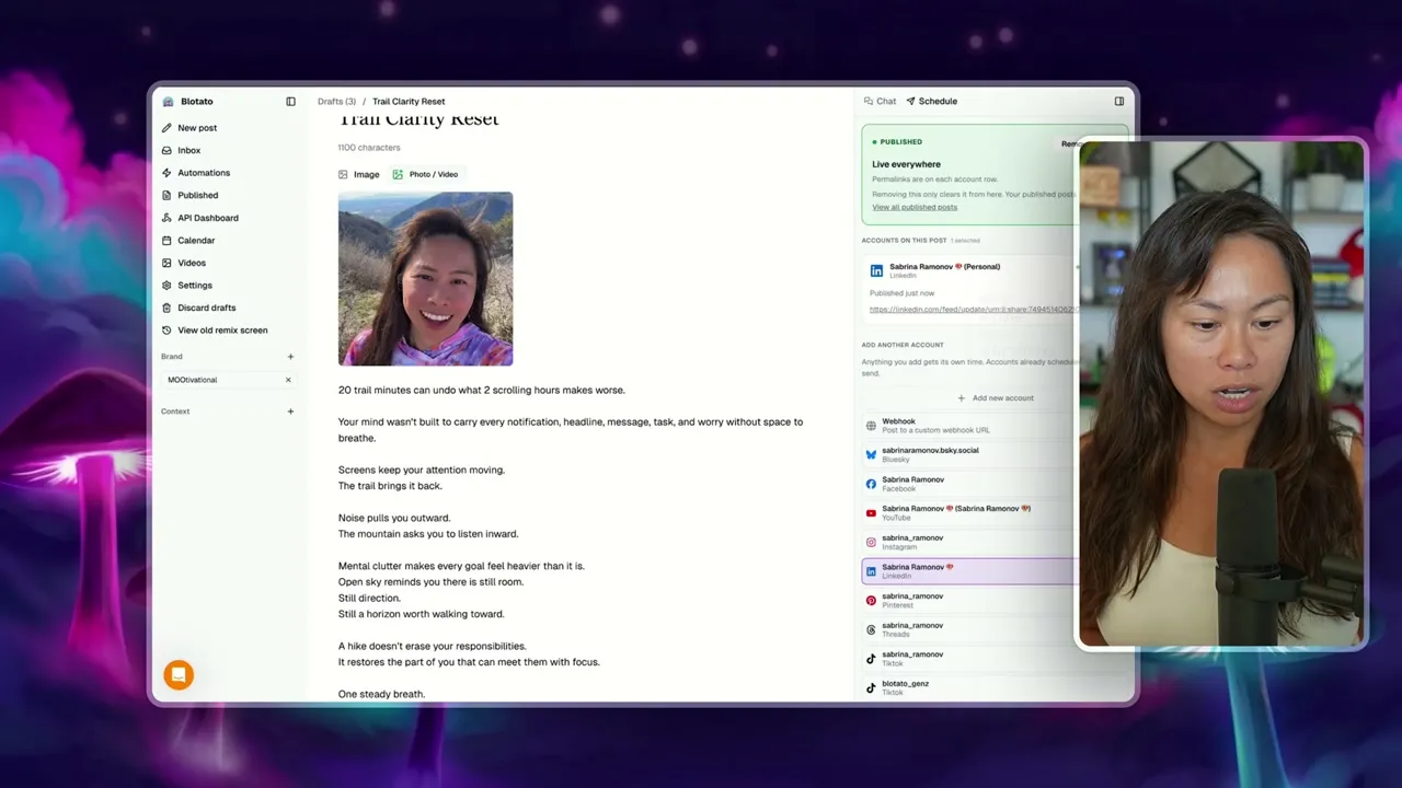 A published post confirmation in Blotato showing a green published status with a link through to the live post.