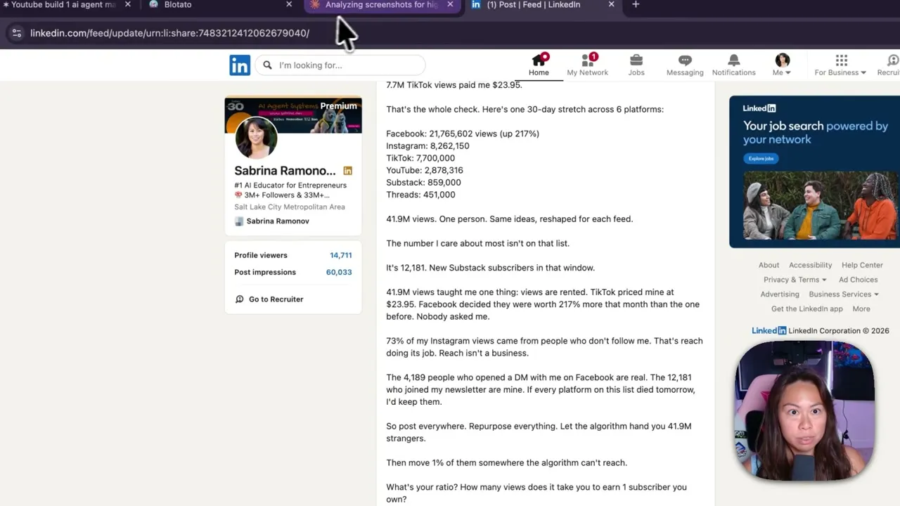The published LinkedIn post live on Sabrina Ramonov's profile, showing the 30-day cross-platform view counts the agent wrote about.