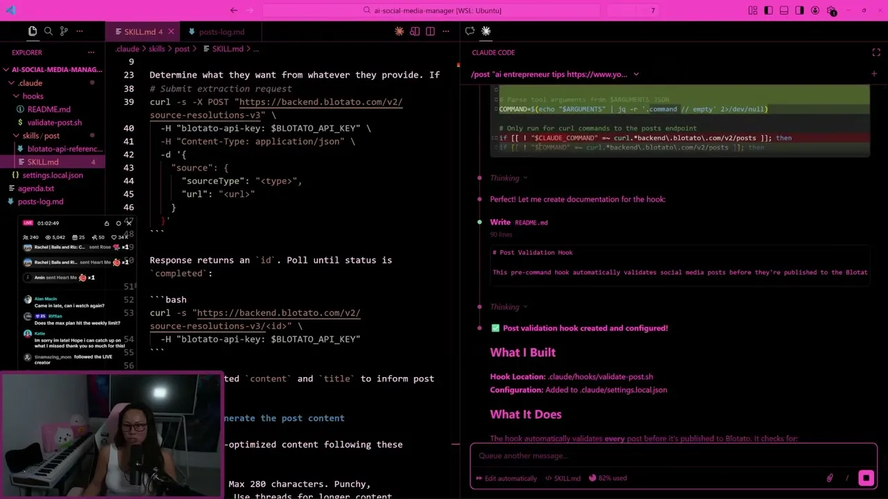 The validate-post hook being created in the hooks directory, with Claude Code confirming the post validation gate is configured.
