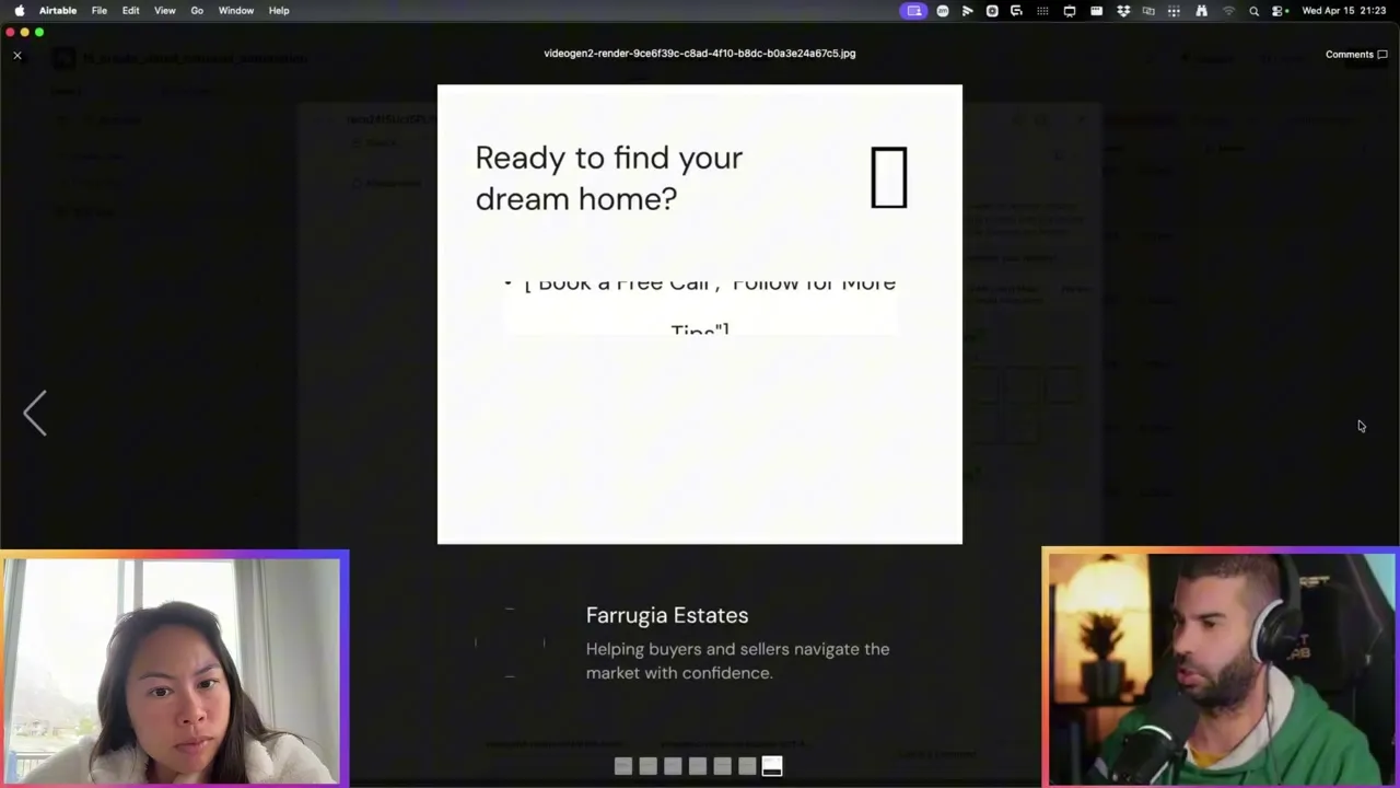 Generated real estate carousel slide previewed in Airtable: a Ready to find your dream home? prompt with the Farrugia Estates brand block underneath.