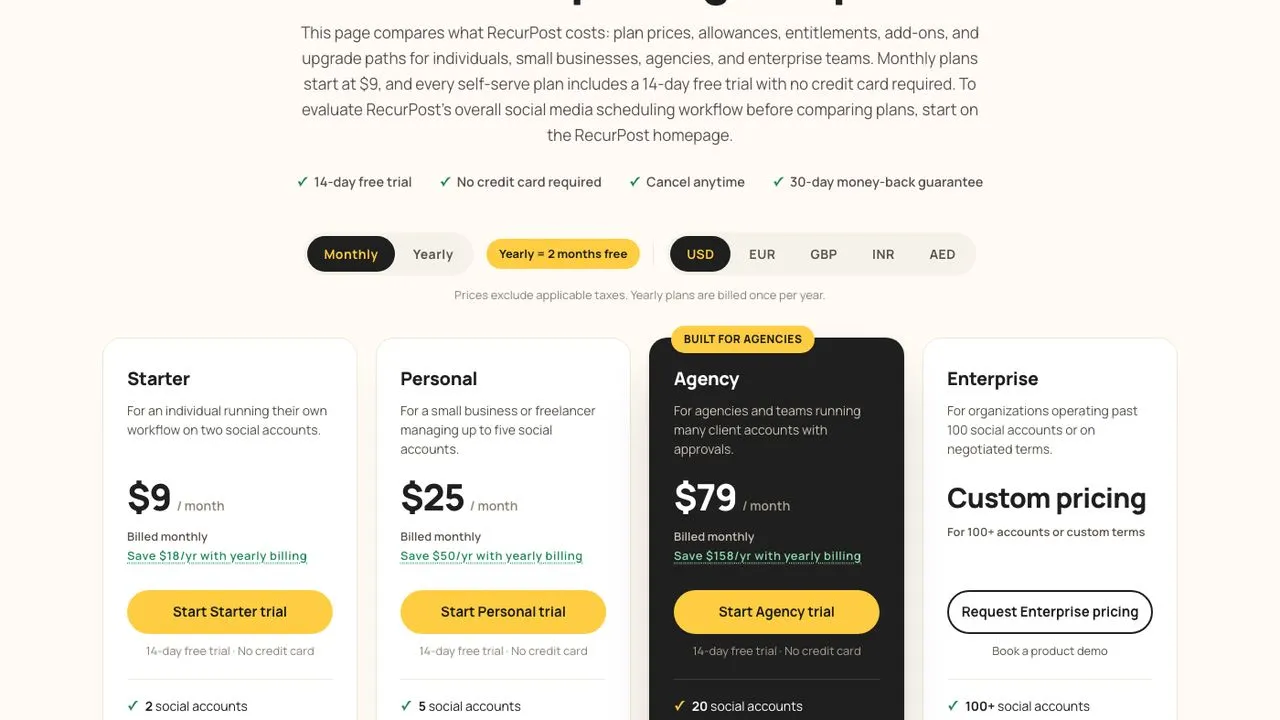MeetEdgar alternatives: RecurPost pricing page showing Starter at $9 per month and Personal at $25 per month