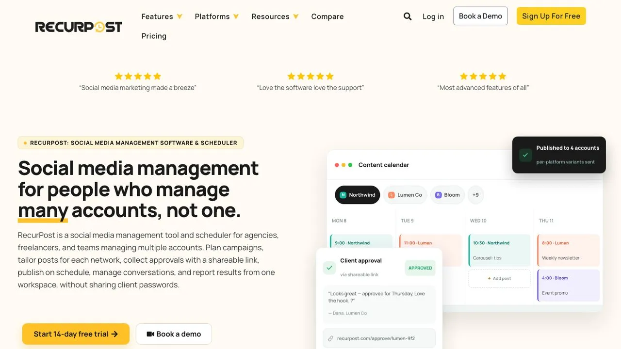 SocialBee alternatives: RecurPost homepage showing multi-account social media management