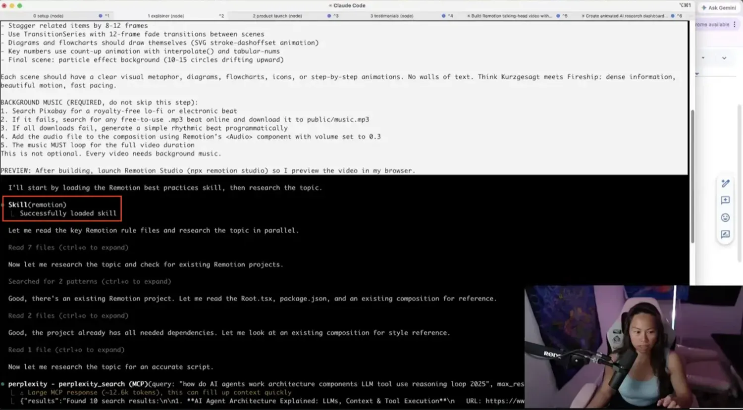 Claude Code output showing the Remotion skill successfully loaded and the storyboard being built for an AI agents explainer video.