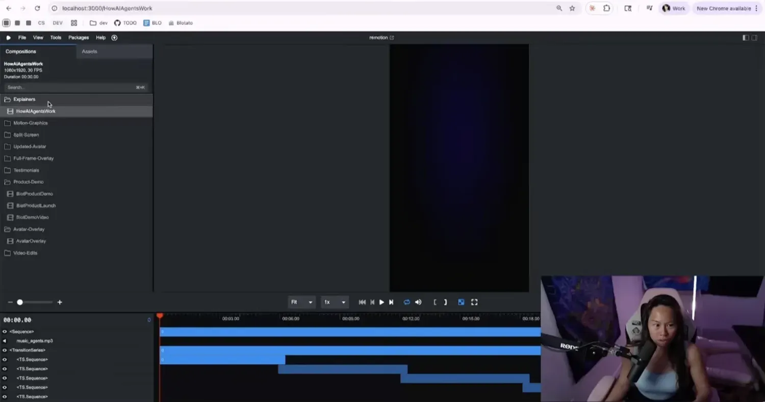 Remotion Studio interface showing the AI agents explainer video timeline, scene preview, and render button in the bottom right.