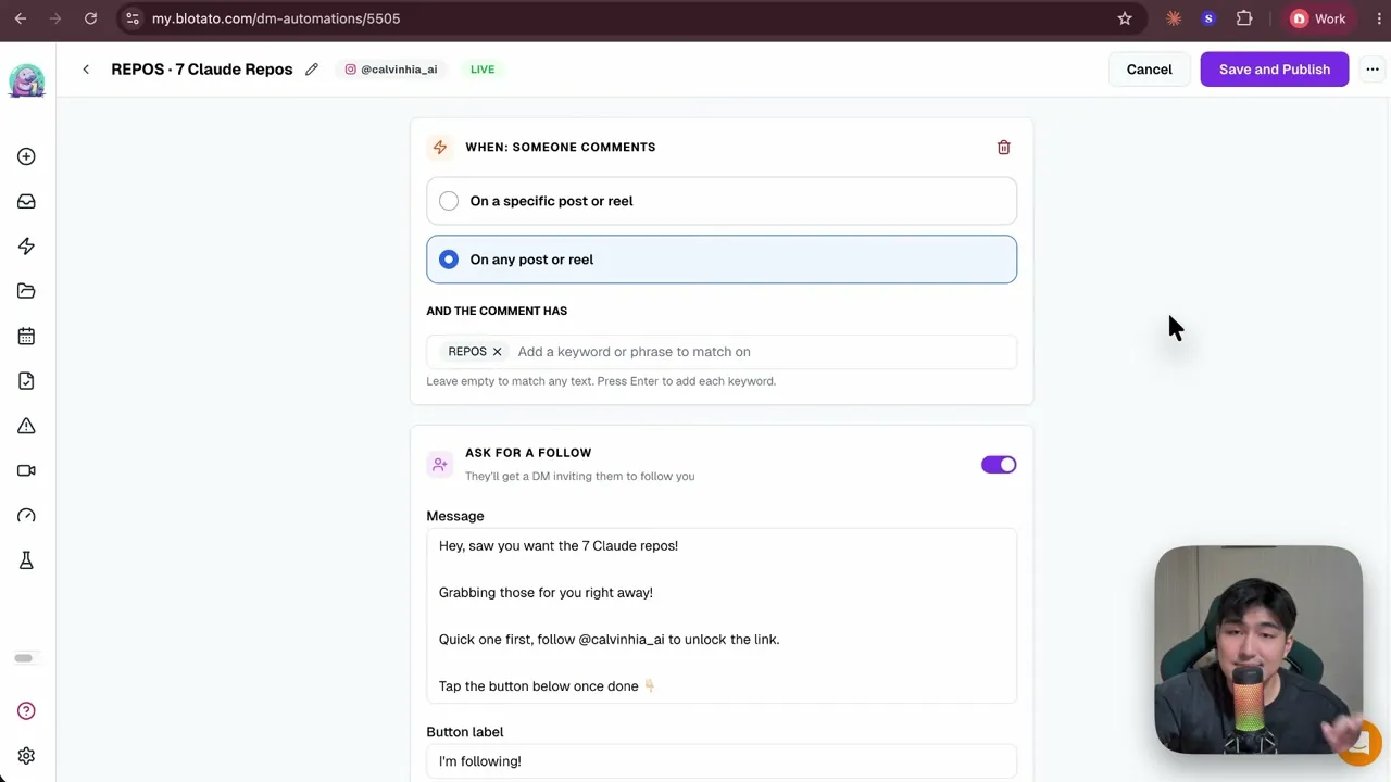 The finished automation in Blotato: trigger on any post or Reel, keyword REPOS, follow gate on, and the DM copy Calvin's agent wrote in his voice.