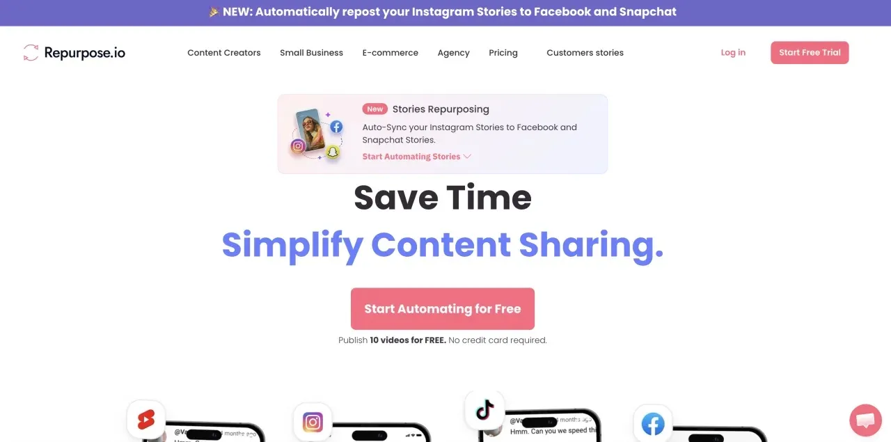 Repurpose.io homepage promoting automated content distribution from one upload to Instagram, Facebook, TikTok, and YouTube Shorts.