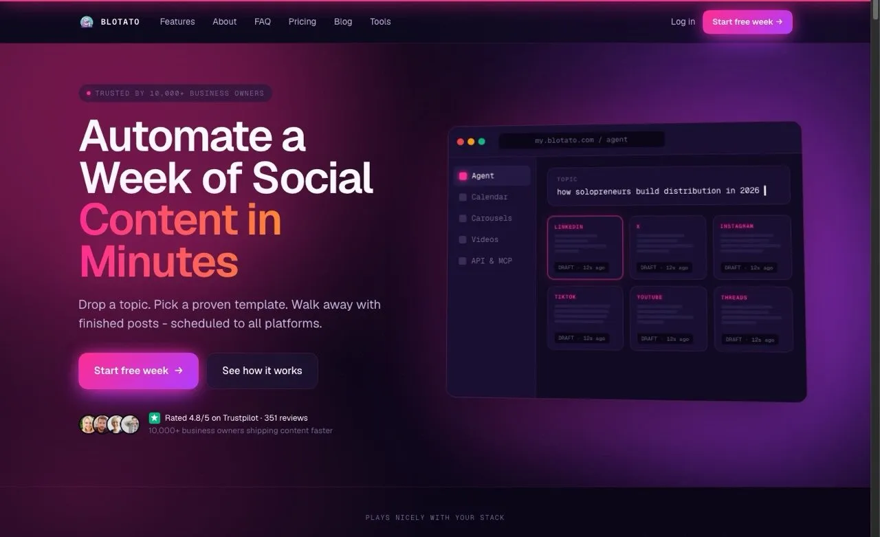 Best Repurpose.io alternatives pick Blotato showing AI agent drafting posts for six platforms