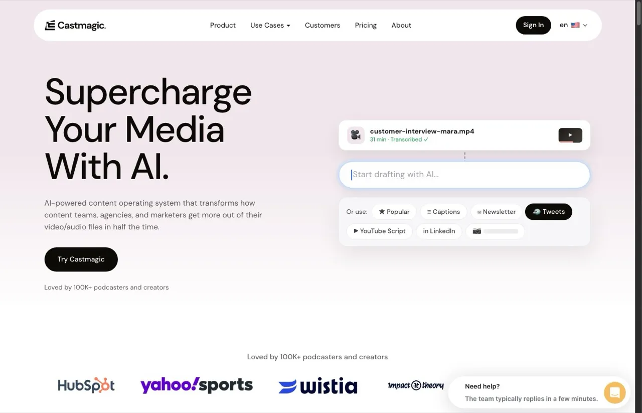 Repurpose.io alternative Castmagic homepage with AI drafting tools for captions, newsletters, and tweets