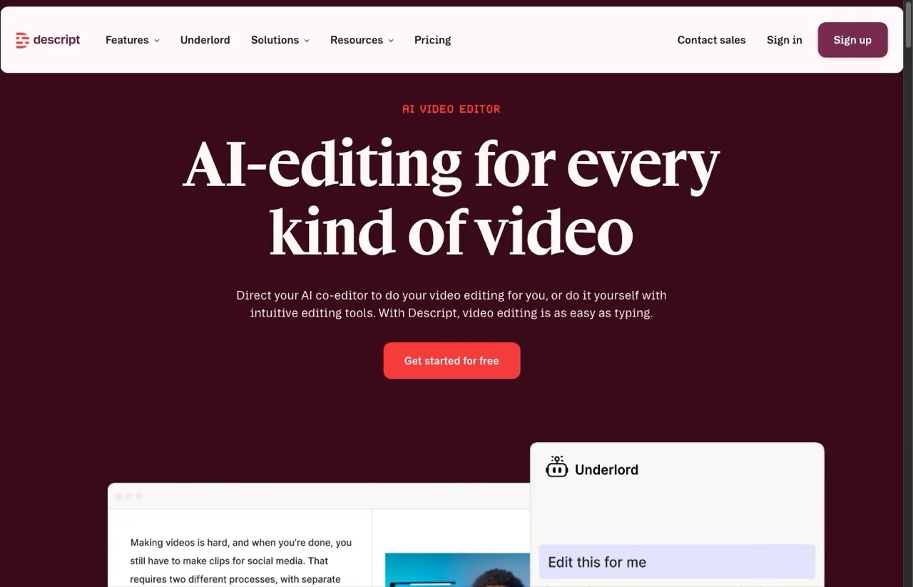 Repurpose.io alternative Descript homepage showing AI editing for every kind of video