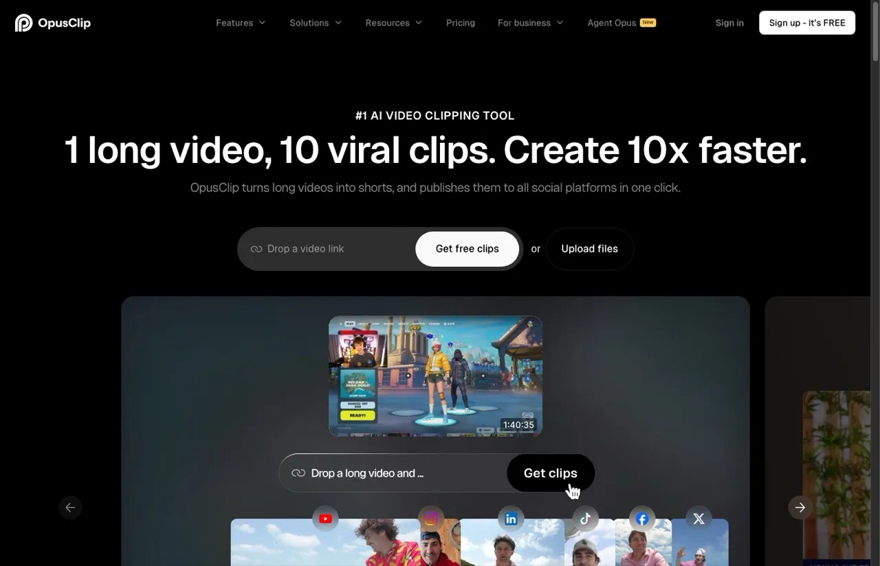 Repurpose.io alternative OpusClip homepage showing one long video turned into ten viral clips