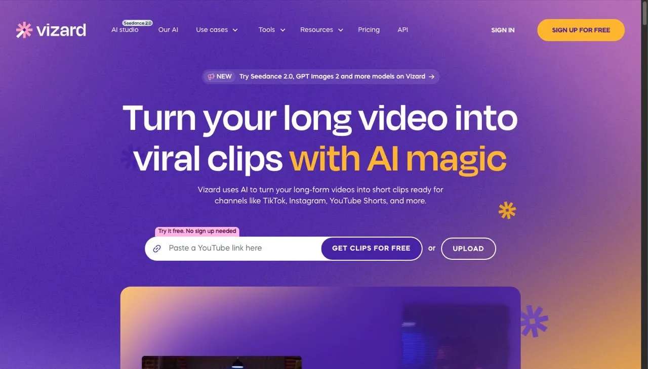 Repurpose.io alternative Vizard homepage turning long videos into viral clips with AI