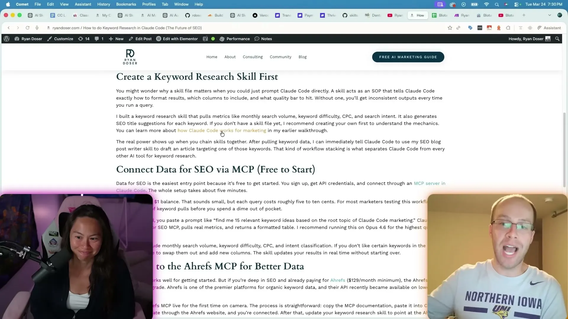 A live SEO blog post on ryandoser.com that was repurposed from one of Ryan's YouTube videos using his Claude Code skill.