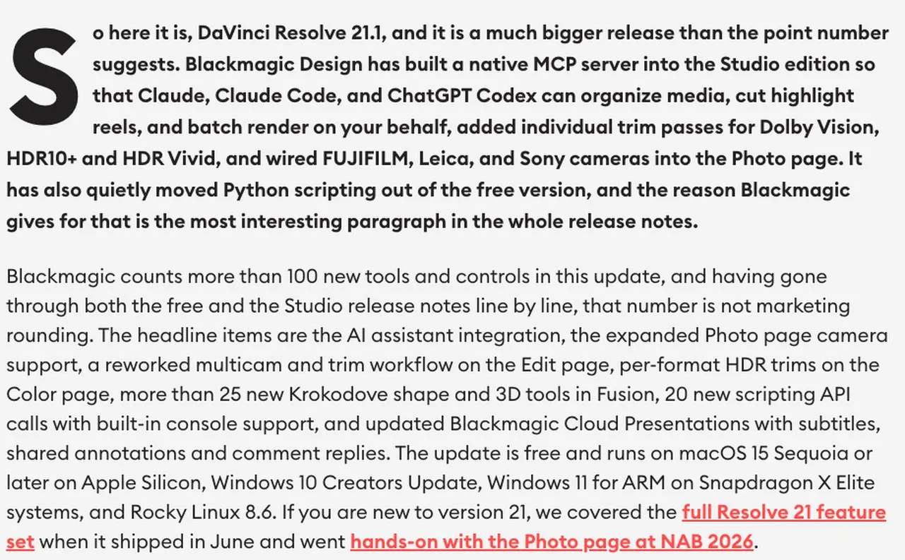 CineD's DaVinci Resolve 21.1 release coverage, confirming the native MCP server is built into the Studio edition and that Python scripting moved out of the free version.
