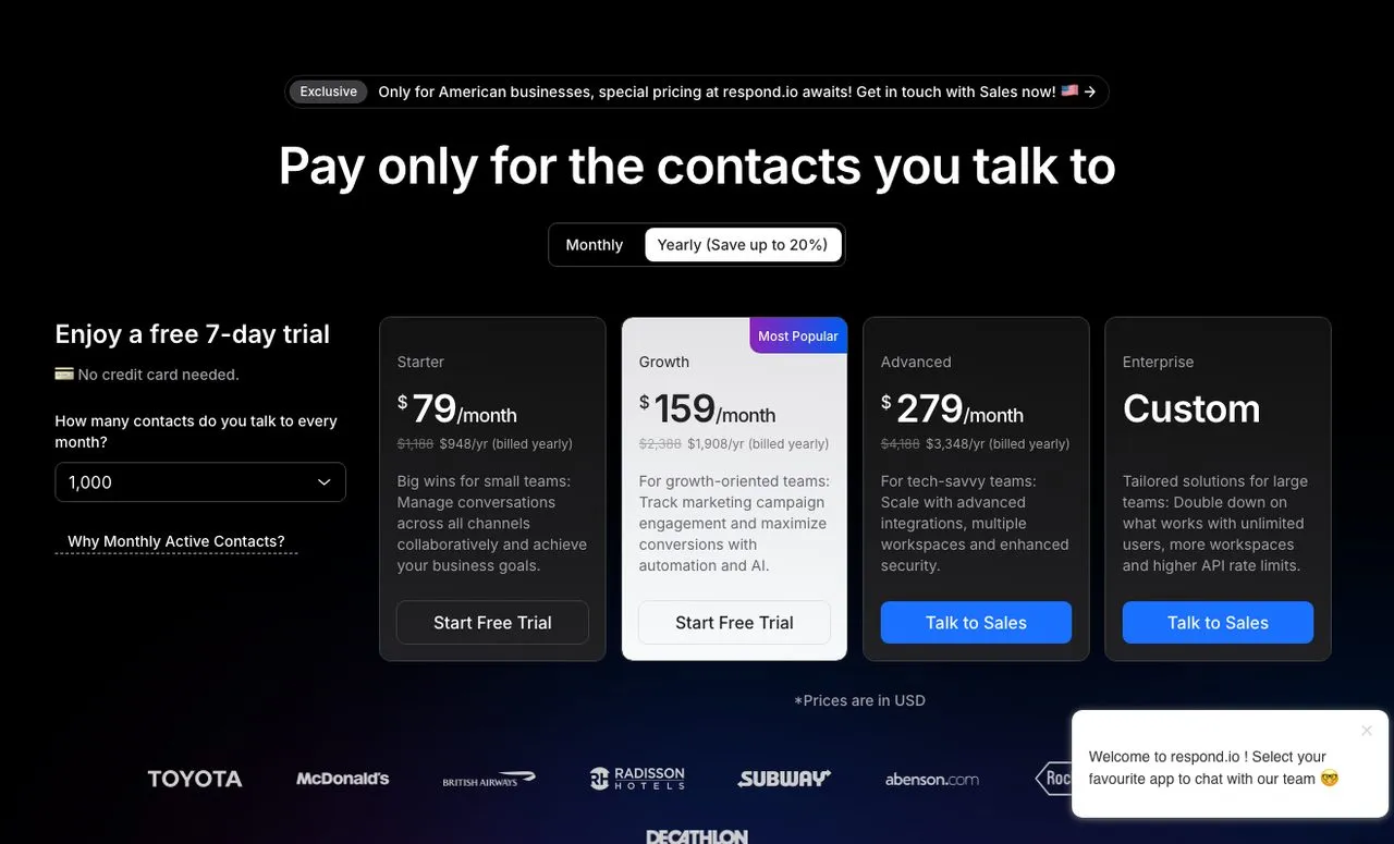 Manychat alternatives: Respond.io pricing showing monthly active contact tiers
