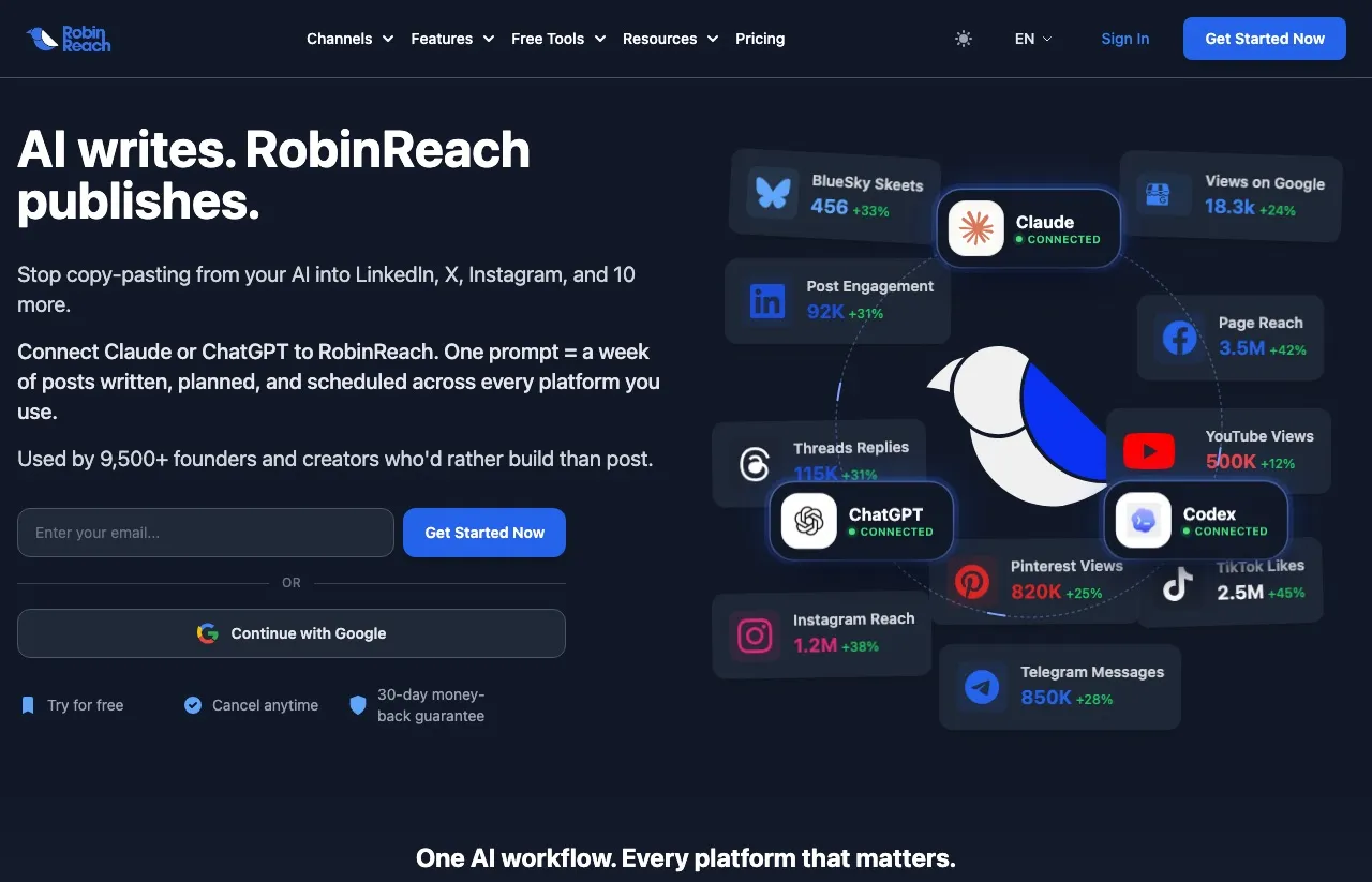 RobinReach's homepage: an AI-powered social media management platform for creating, scheduling, analyzing and automating content across multiple networks.