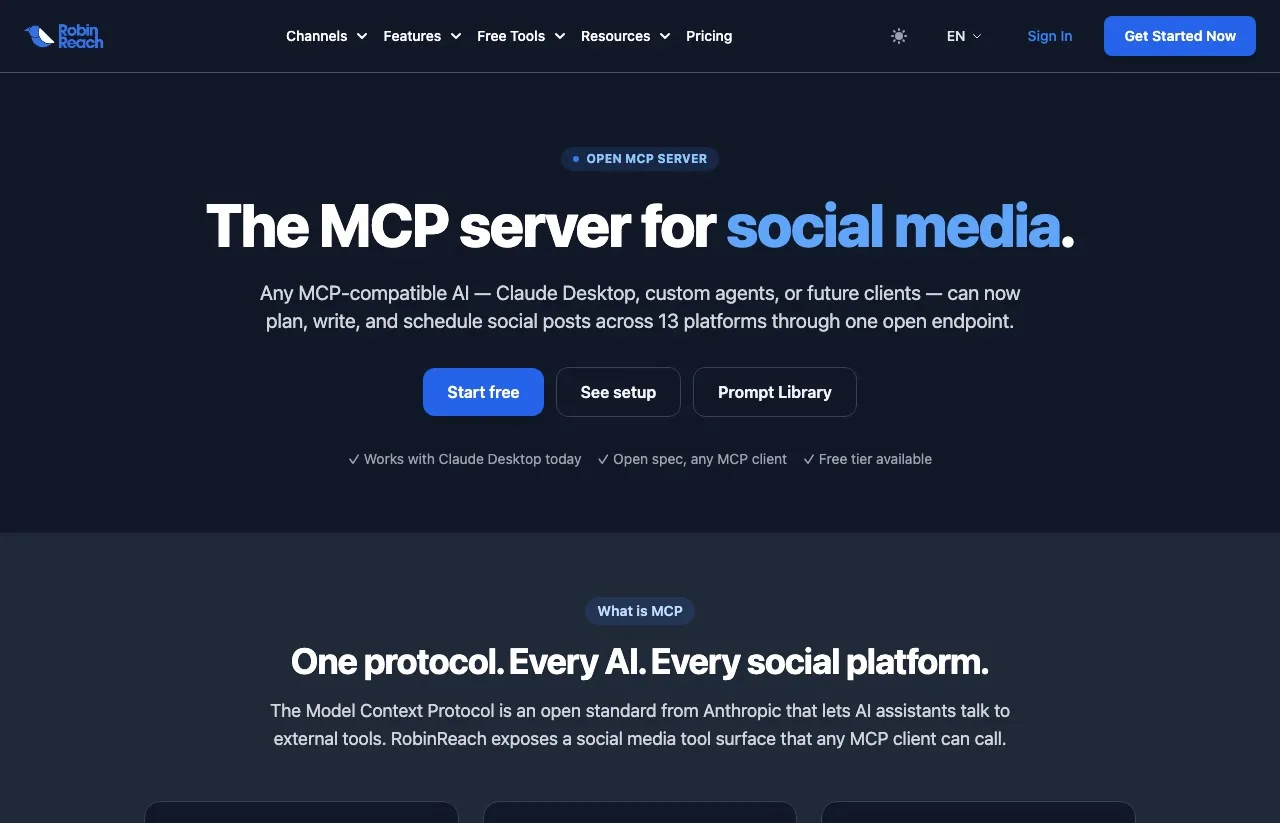 RobinReach's MCP page: an open MCP server for social media, advertising planning, writing and scheduling across 13 platforms from any MCP-compatible client.
