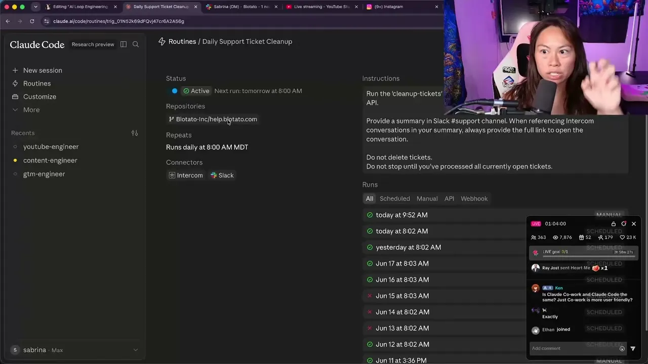 The routine's run history showing successful runs alongside several failed runs, with the repository and Intercom and Slack connectors listed.