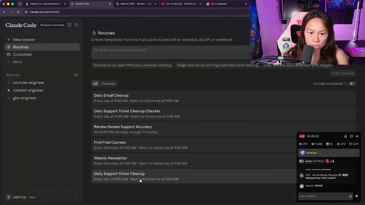 The Claude Code routines list showing Daily Support Ticket Cleanup and a separate Daily Support Ticket Cleanup Checker as two independently scheduled routines.
