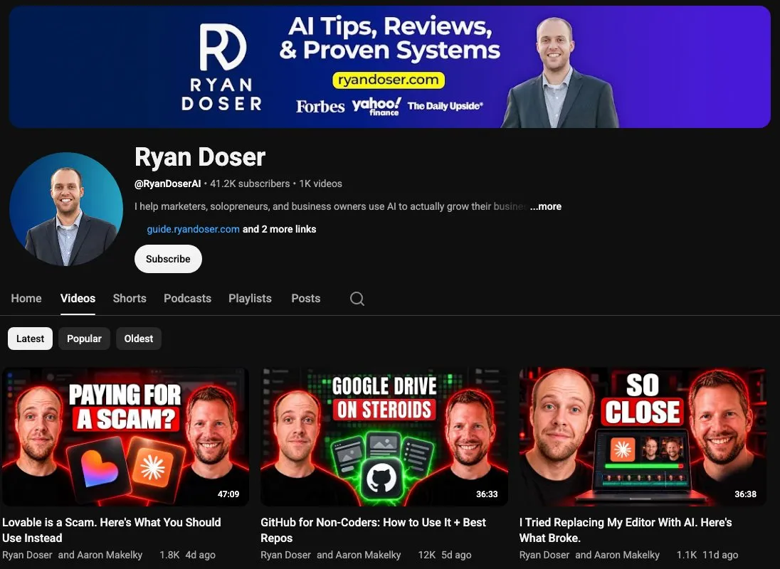 Ryan Doser's YouTube channel about AI marketing workflows built with Claude Code