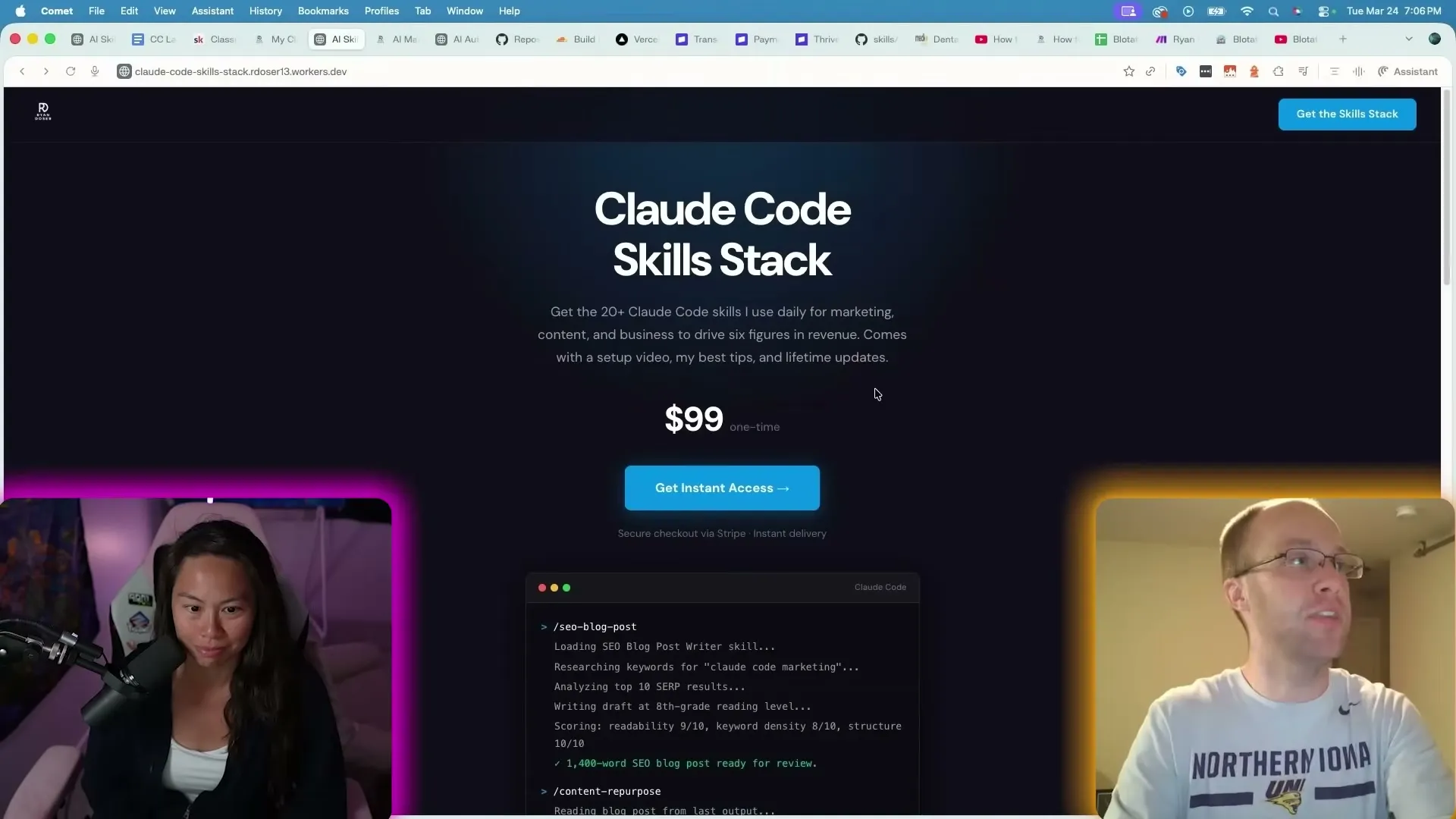 Ryan Doser's Claude Code Skills Stack landing page, a one-time digital product he vibe-coded in roughly five prompts.