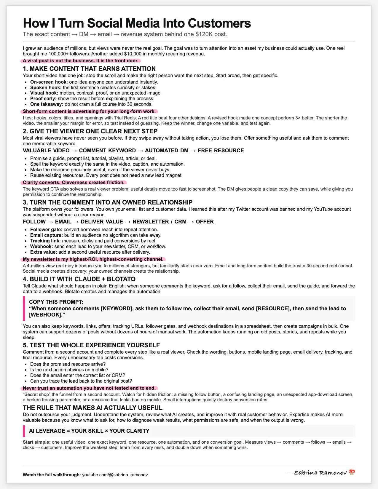 Sabrina Ramonov's one-page playbook titled How I Turn Social Media Into Customers, covering content that earns attention, the comment keyword, the follow and email gates, the Claude build, and testing the whole experience yourself.
