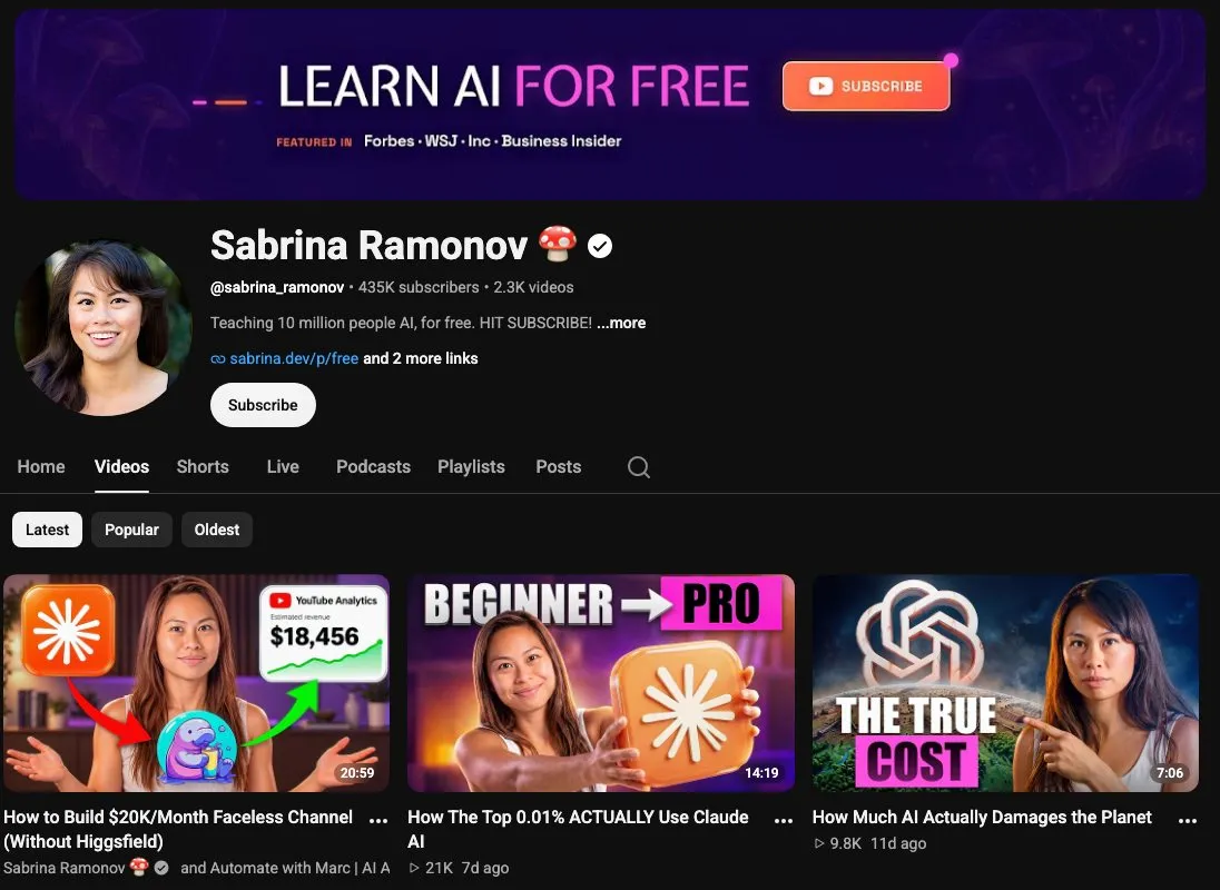 Sabrina Ramonov's YouTube channel teaching AI prompts, agents and automations