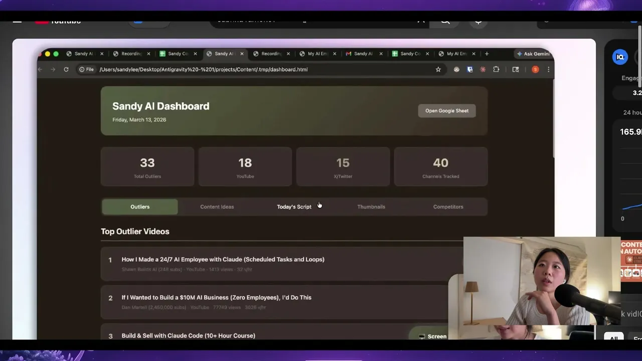 The Sandy AI Dashboard she built with Claude Code: 33 total outliers, 18 YouTube, 15 X/Twitter, and 40 channels tracked, with tabs for content ideas, scripts, and thumbnails.
