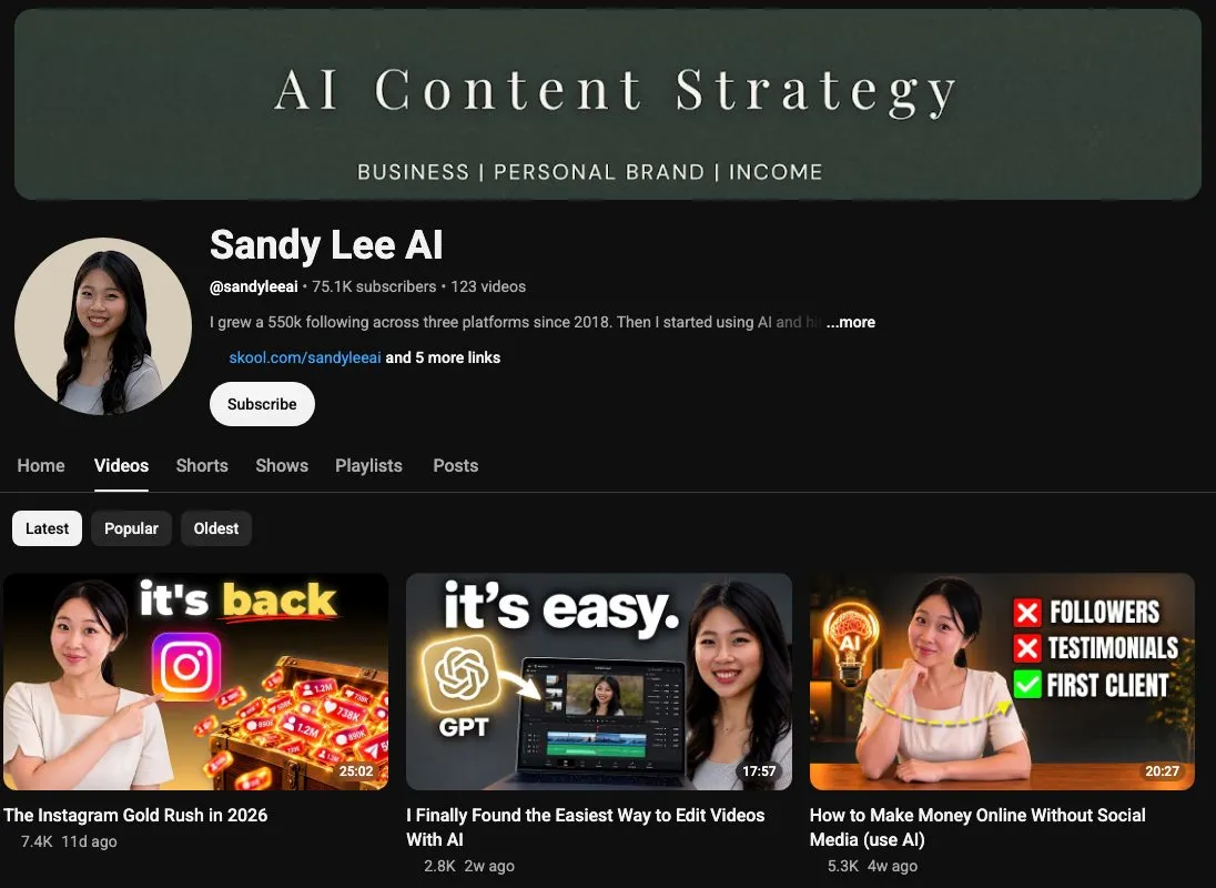 Sandy Lee's YouTube channel about building a personal brand with AI