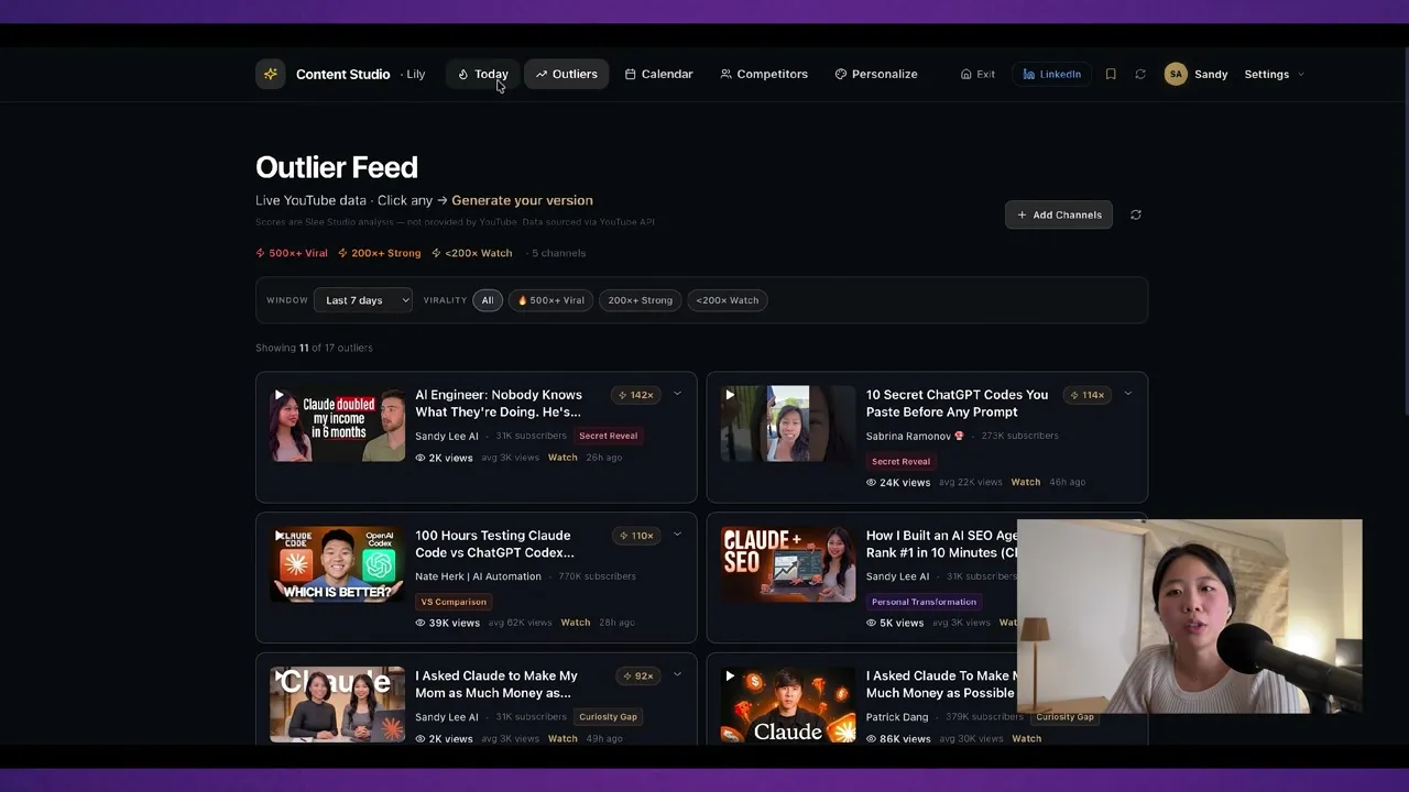 Sandy's Content Studio outlier feed showing live YouTube data, including her own viral 'Claude doubled my income in 6 months' video and competitor channel cards.
