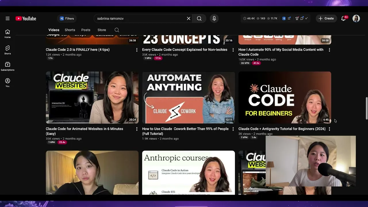 Sandy Lee's YouTube channel showing her lineup of Claude Code tutorials, including the social media automation video that hit 165K views and a 41.5x outlier score.
