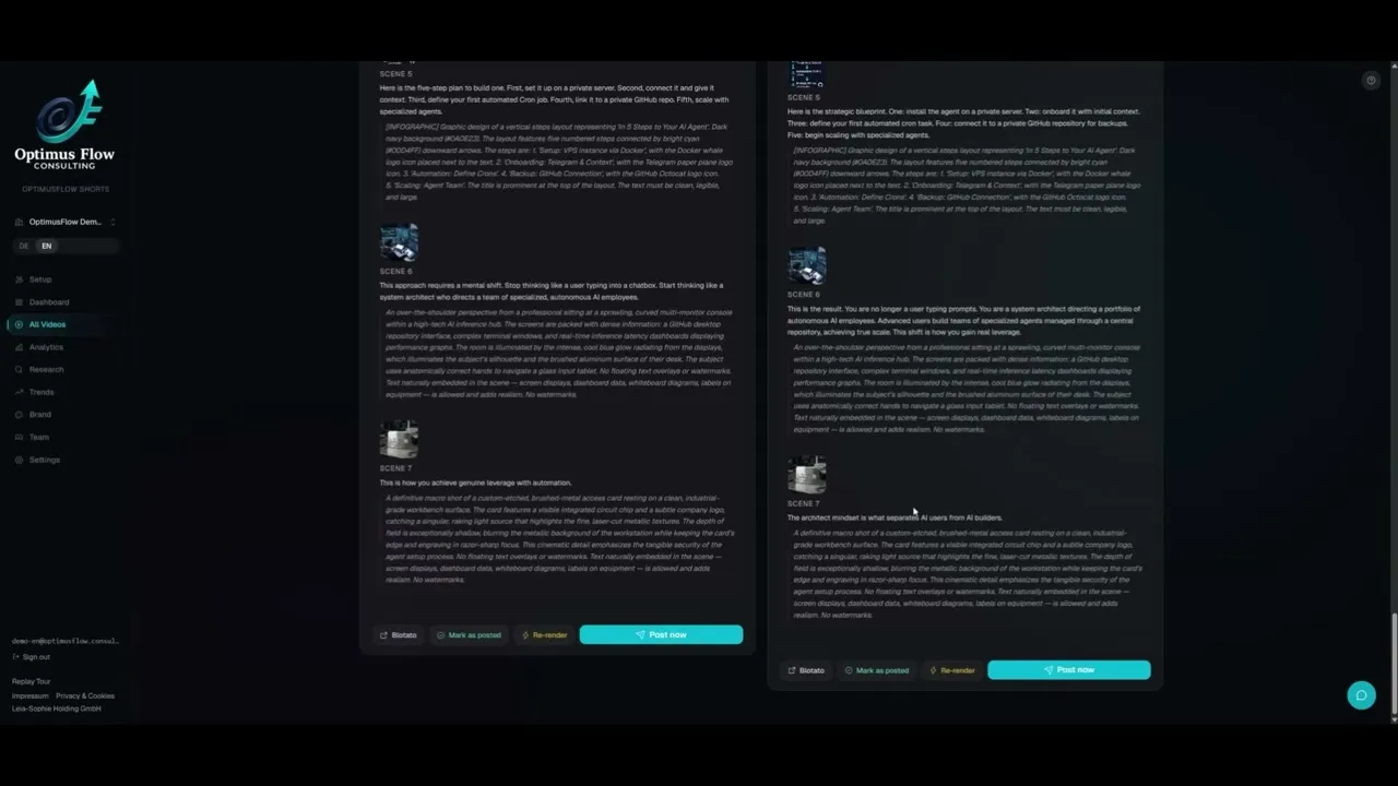 Scene-by-scene review screen in Optimus Flow with generated scenes, captions, and buttons to re-render or publish to Blotato.