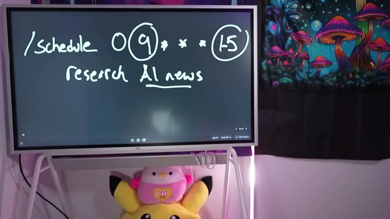 Sabrina at a whiteboard writing the /schedule cron pattern: 0 9, weekdays 1 through 5, research AI news.