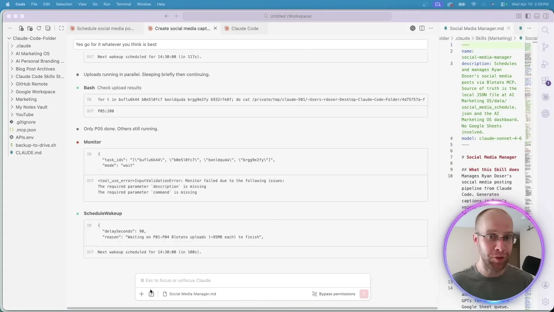 Claude Code uploading videos and scheduling posts through the Blotato MCP connector.