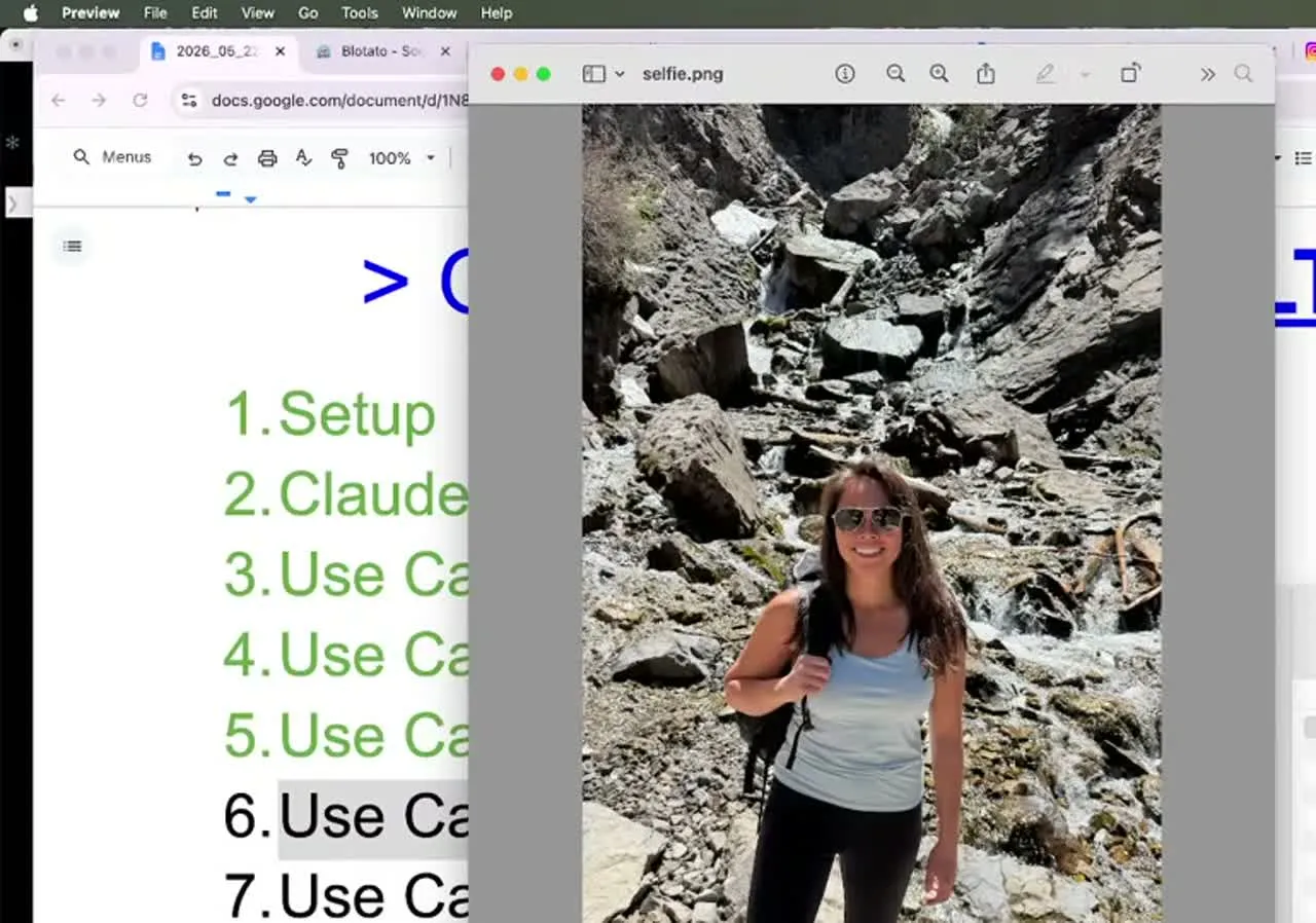 A selfie in the downloads folder being edited in Claude Code to add story caption text, alongside a folder of analytics screenshots ready to become content.