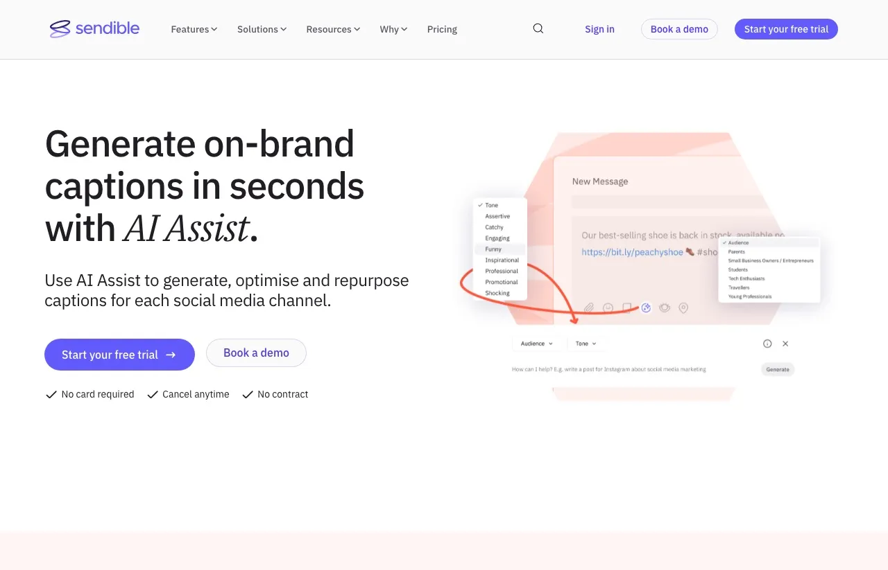 Sendible's AI Assist page: generate on-brand captions in seconds, optimised and repurposed for each social channel.
