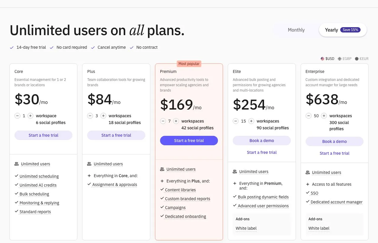 Sendible's pricing page with the Yearly toggle active, showing Core $30, Plus $84, Premium $169, Elite $254 and Enterprise $638 per month.