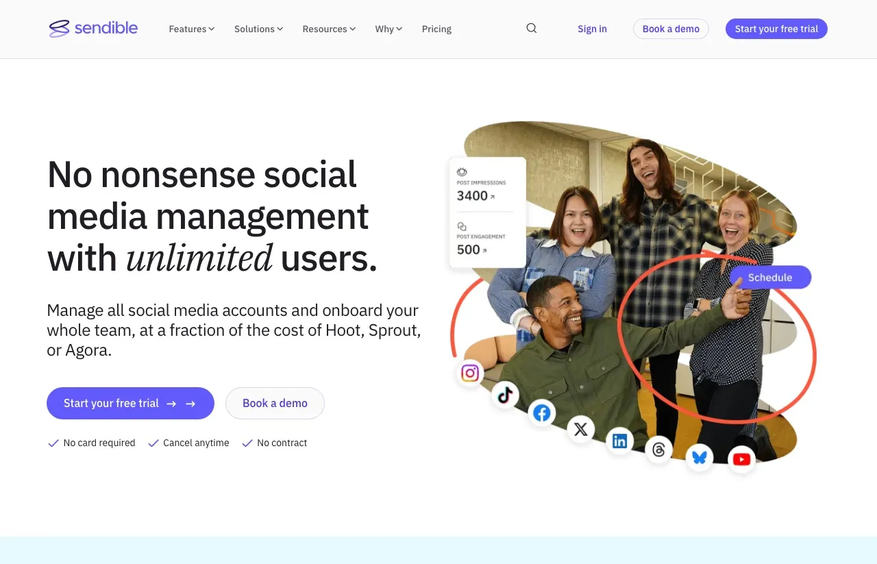 Sendible's homepage, leading with unlimited users on all plans and positioning against Hootsuite, Sprout, and Agorapulse.