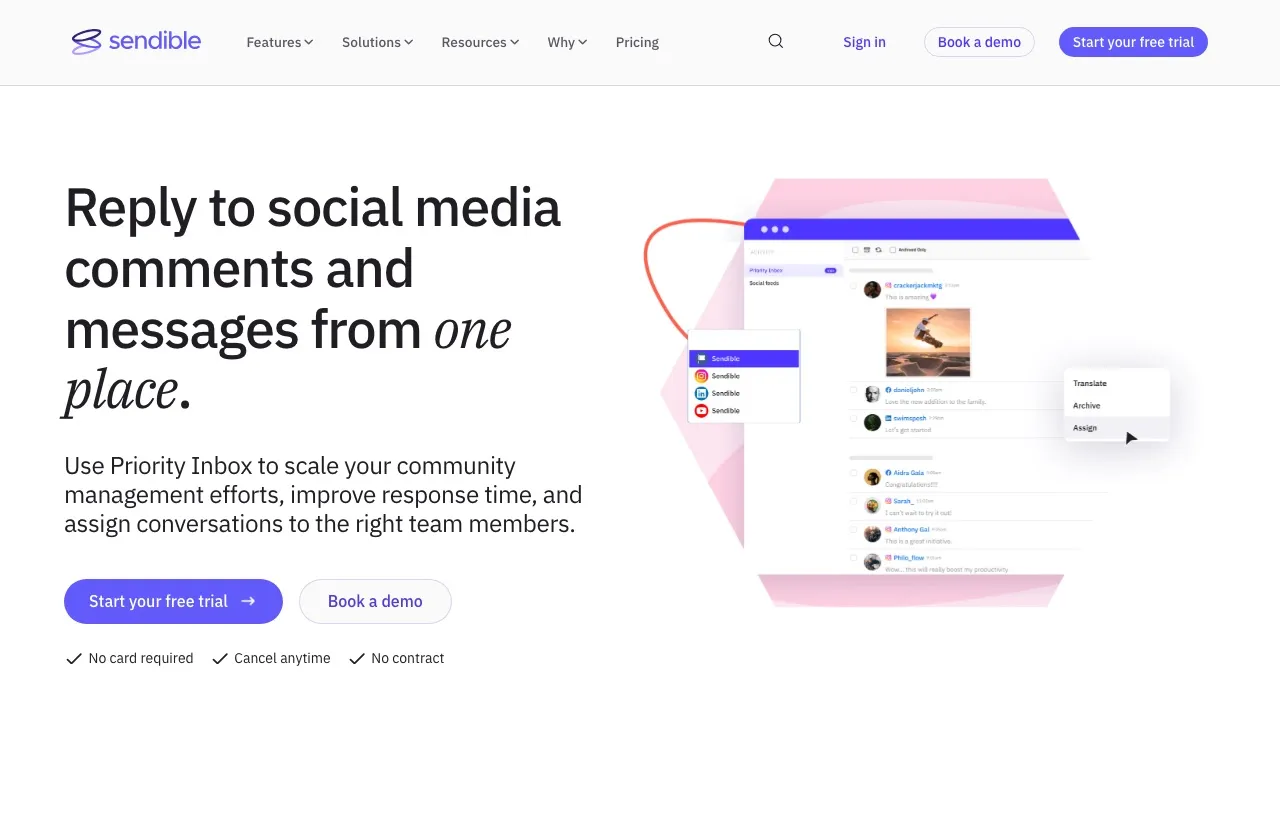 Sendible's Priority Inbox: reply to social comments and messages from one place, with assignment to team members.