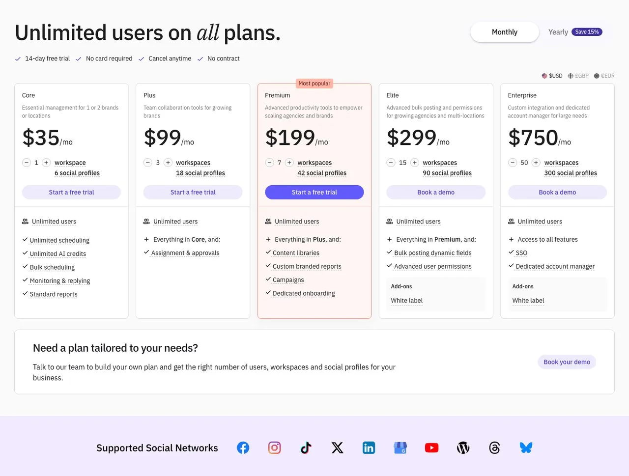 Loomly alternative Sendible pricing page showing Core, Plus and Premium plans by workspace