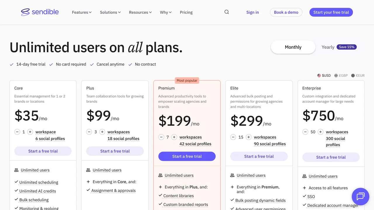 Sendible agency pricing page showing workspace-based plans for social media tools for agencies