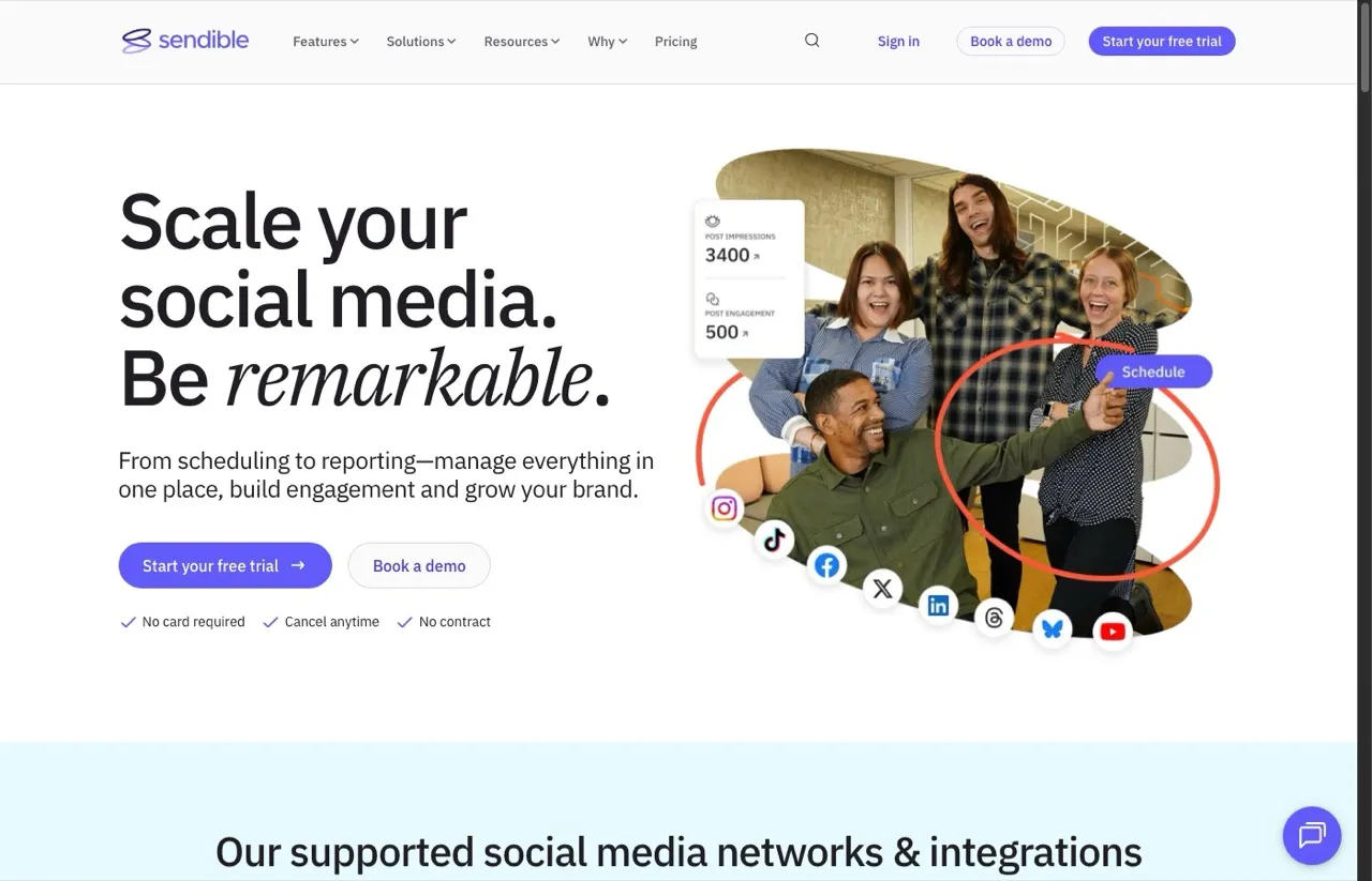Hootsuite alternative Sendible homepage showing agency-focused social media management with white-label features