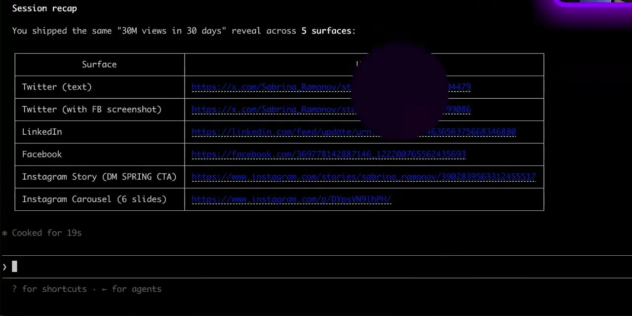 The Claude Code session recap table with live URLs for two tweets, LinkedIn, Facebook, an Instagram Story, and a six-slide Instagram carousel. Claude labels it 5 surfaces while listing 6 rows, which is a good reminder to read the output rather than trust the summary line.