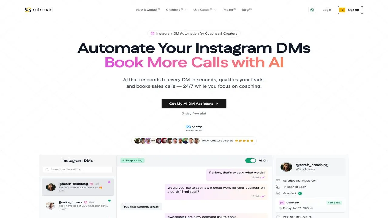 Instagram automation tools: SetSmart Instagram page showing AI appointment setting