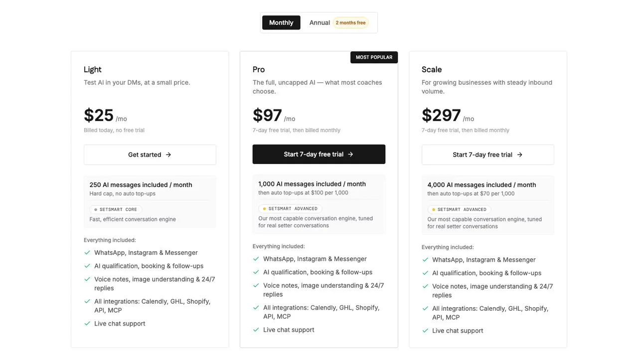 LinkDM alternatives compared: SetSmart pricing cards listing API and MCP on every plan