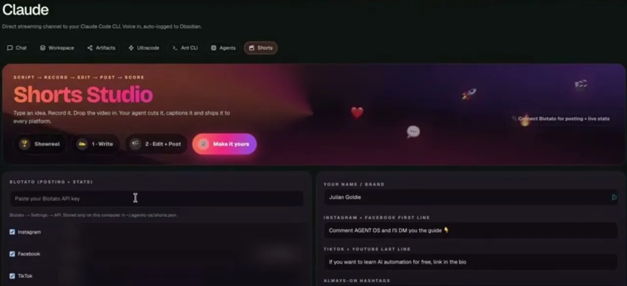 Julian Goldie's Shorts Studio inside Agent OS, where he pastes one Blotato API key and ticks the Instagram, Facebook and TikTok accounts each video goes to, with the account IDs blurred.