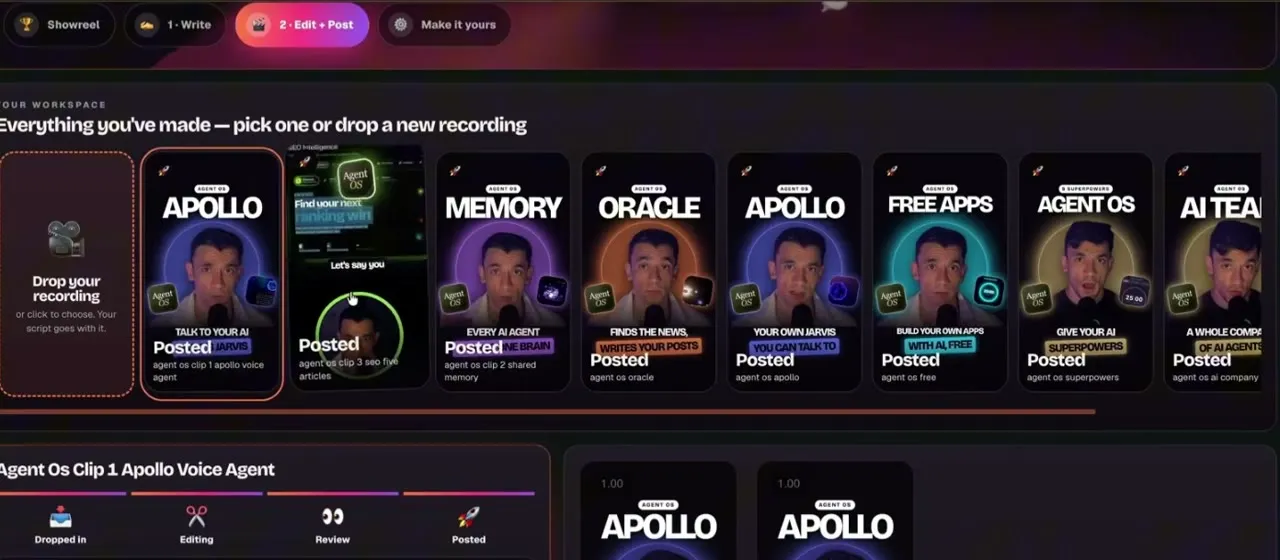 Julian Goldie's Agent OS workspace showing finished short videos each marked Posted, and the stages a clip moves through: dropped in, editing, review, posted.