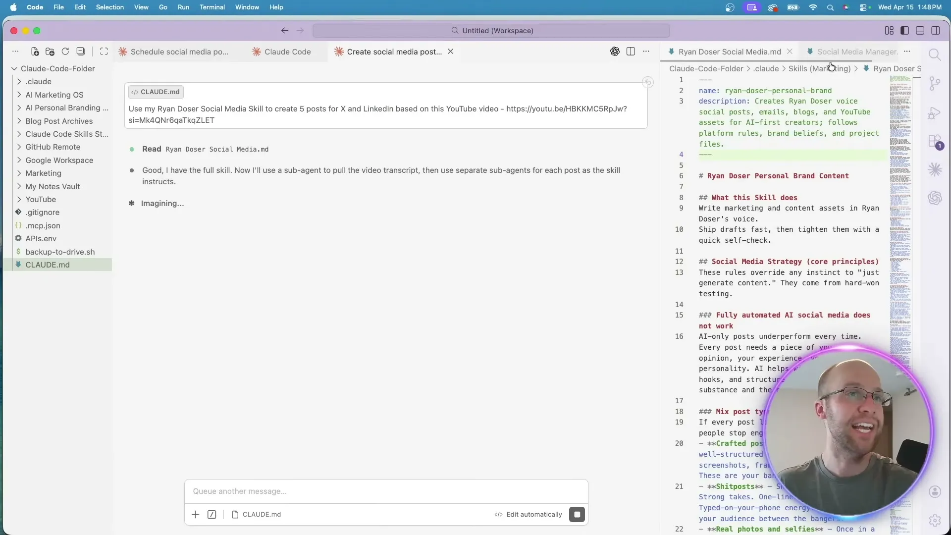 A prompt in Claude Code calling a personal social media skill to generate posts from a YouTube URL.